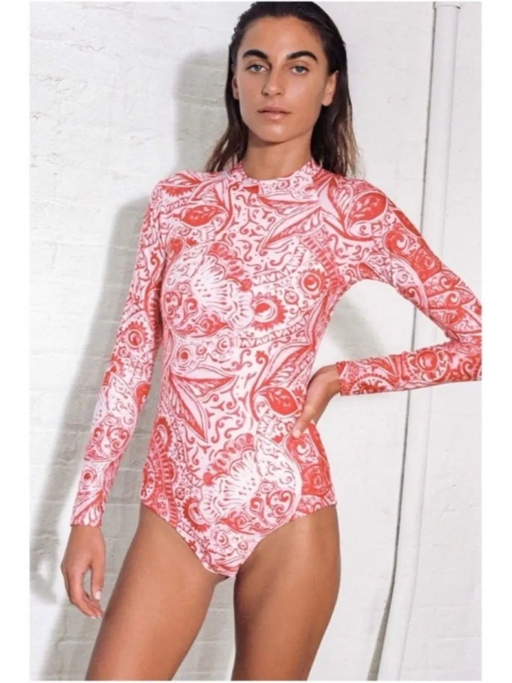 Mara Hoffman Reese Rashguard One Piece Swimsuit Red Multi S NWT